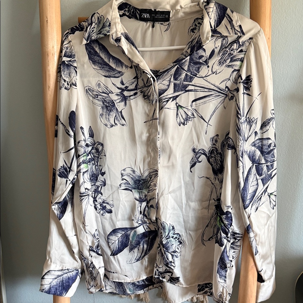 Zara Floral Button Down Shirt - Cream and Navy